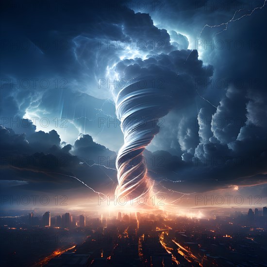 3d render abstract particles converging into a tornado to represent severe weather phenomena over a city, AI generated