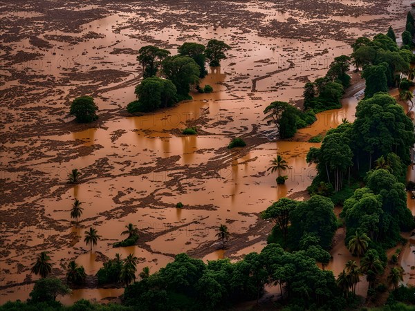 Heavy rainfall pouring on an already saturated ground leading to mudslides captured in a stormy twilight, AI generated