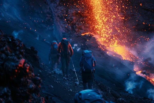 Tourists, hiking group, expedition, onlookers on the way to an active volcano, surrounded by hot, partially cooled lava flows, symbolic image for volcano tourism, disaster tourism, travel trends and the associated dangers, AI generated, AI generated, AI generated