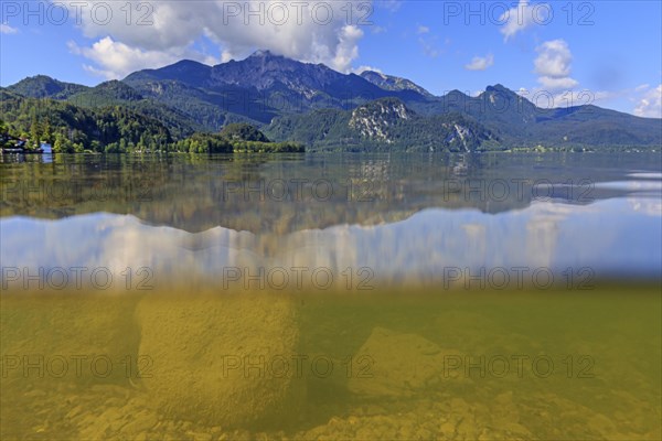 Underwater shot of lake in front of mountains, summer, sun, Lake Kochel, view of Herzogstand and Heimgarten, Bavaria, Germany, Europe