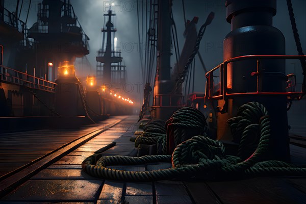 Ropes and bollards securing a ship at the dock at night, AI generated