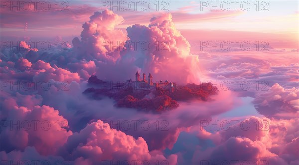 A castle atop floating rocks surrounded by dreamy pink-hued clouds at sunset, ai generated, AI generated