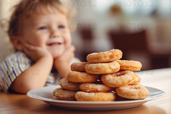 Plate with sweet donuts with happy child in blurry background. Unhealthy eating concept. KI generiert, generiert, AI generated
