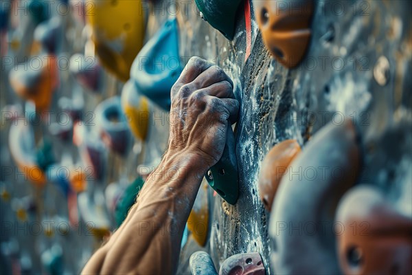 Close up of hand with chalk grabbing grip on artificial rock wall. KI generiert, generiert, AI generated