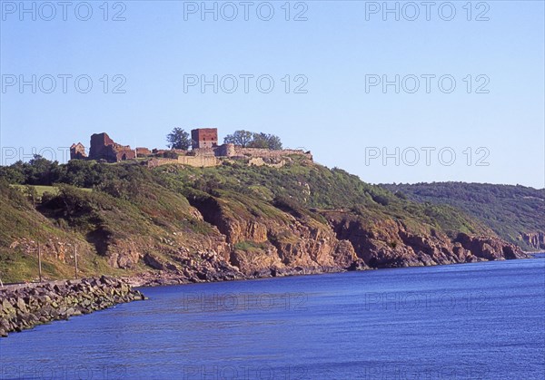 Hammershus was Scandinavia's largest medieval fortification and is one of the largest medieval fortifications in Northern Europe. Now ruin and located on the island Bornholm, Denmark, Baltic Sea, Scandinavia. Scanned 6x6 slide, Europe