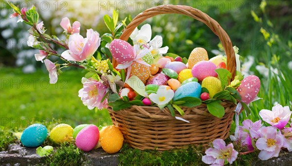 Spring-like Easter basket with colourful eggs and flower decorations in nature, Easter symbol, AI generated, AI generated