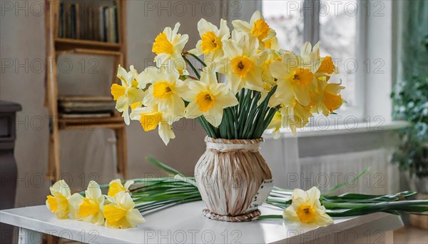 A large bouquet of yellow daffodils in a vase stands on the table in the flat, AI generated, AI generated