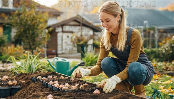 A smiling woman plants bulbs in a sunny autumn garden, KI generated, AI generated