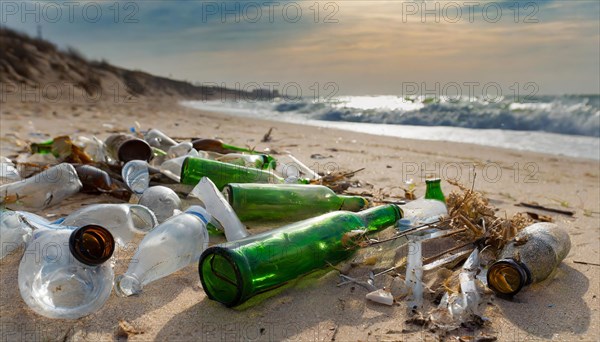 Empty glass bottles lying on the beach, some broken, pollution, AI generated, AI generated