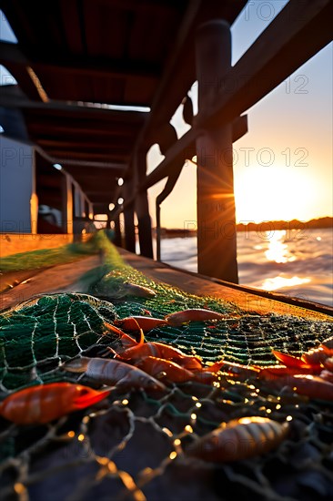 Commercial fishing net cascading onto the dock overflowing with caught shrimp fish and incidentally bycatch, AI generated, deep sea, fish, squid, bioluminescent, glowing, light, water, ocean
