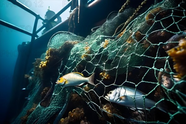 Trawl net overflowing with a diverse mix of marine life, AI generated