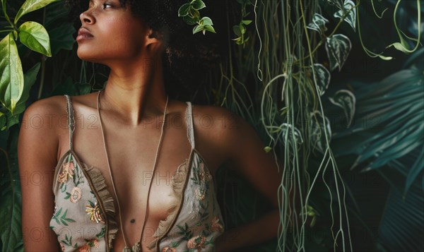 An intimate portrait of a woman in lingerie surrounded by lush greenery and earthy tones AI generated