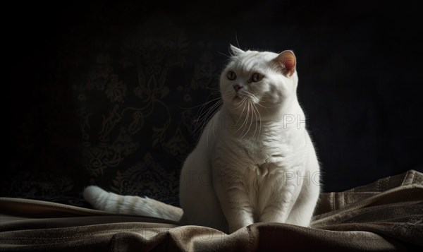 White cat with a regal posture highlighted by dramatic lighting and contrasting shadows AI generated