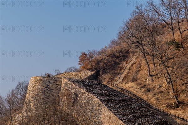 Section of mountain forest wall made of flat stones with wooden stairs for tourist on right side located in Boeun, South Korea, Asia