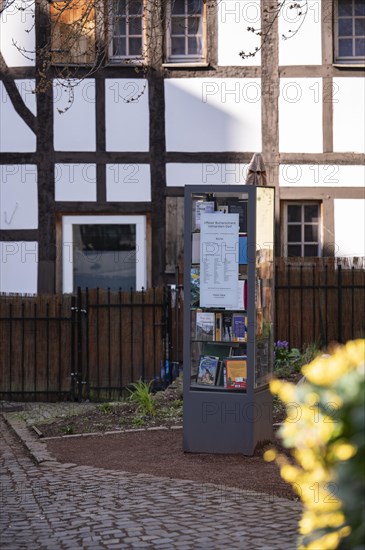Bookcase in front of half-timbered house and fence, many colourful books in a glass display case, outdoor, cobblestone pavement, in the foreground on the right a lot of yellow spring flowers, open bookcase Volmarstein, Ruhr area, Germany, Europe