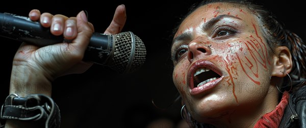 Emotional performance by a singer with blood-stained effect face holding a microphone, AI generated