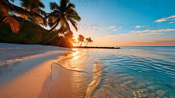Coastal landscape bathed in sunset with clear blue water and golden beach, AI generated