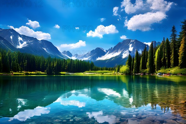 Serene summer lake dense forests reflection in a calm surface with bright blue sky with fluffy white clouds, AI generated