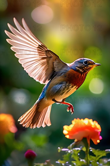 Robin mid takeoff wings outstretched amidst vibrant summer garden, AI generated