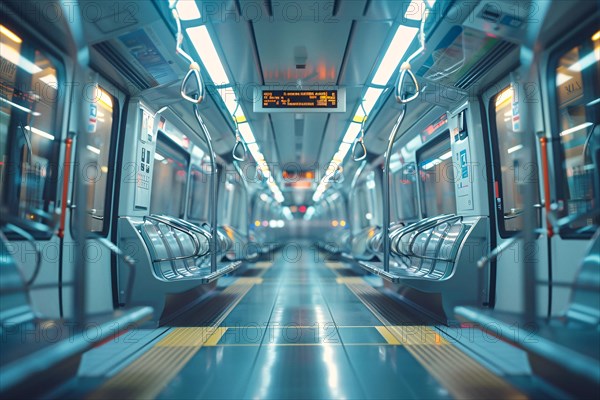 A modern, empty subway car with striking blue seats and a spotless interior, AI generated