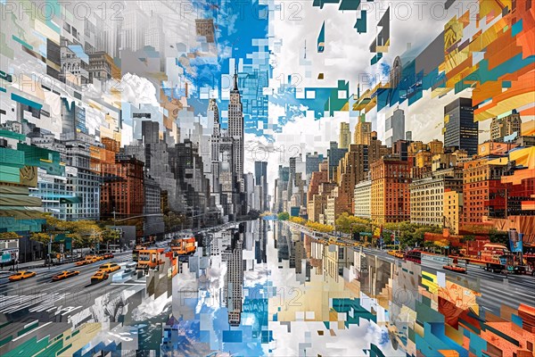 An abstract fragmented representation of New York City's urban landscape, illustration, AI generated