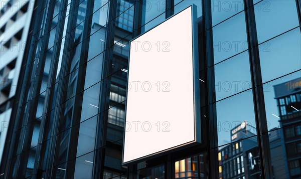 Blank screen banner mockup displayed on the modern building facade. Close Up view AI generated