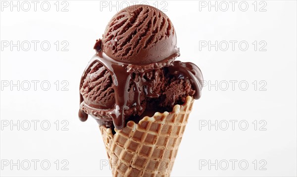 Chocolate ice cream cone on white background AI generated