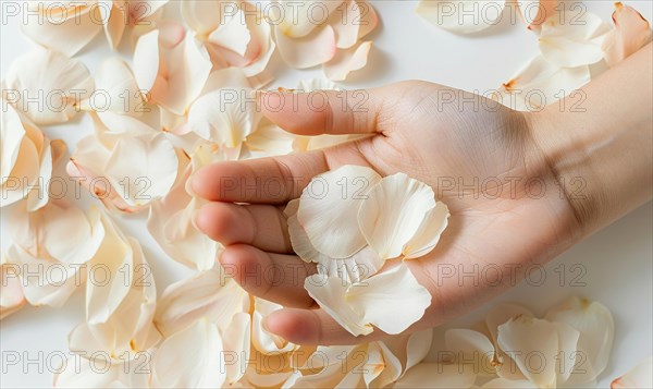 Close-up of a woman's hand with a neutral manicure, adorned with delicate flower petals AI generated