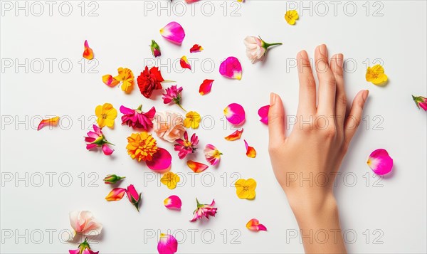 Woman's hand on white background with flower petals around AI generated