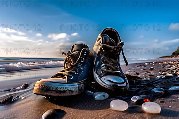 Pair of empty shoes on the shore of a beach marred by plastic waste symbolizing human influence, AI generated