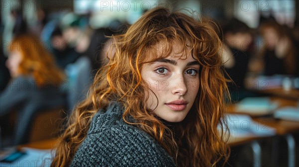 Portrait of a thoughtful redhead woman with curly hair and freckles in university classroom, AI generated