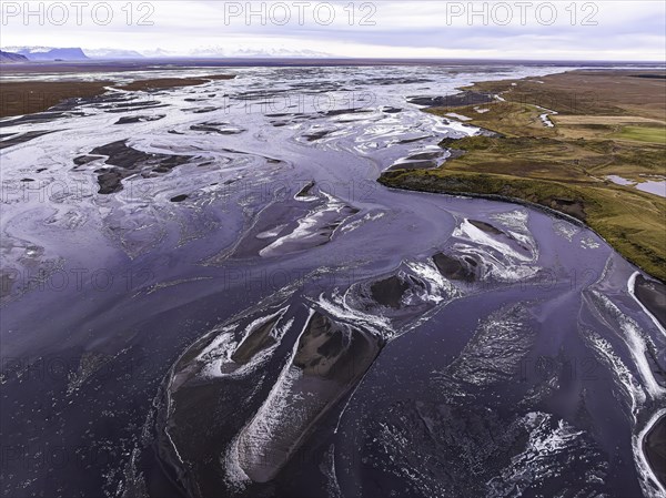 Overgrown river landscape, Eldhraun, near Kirkjubaejarklaustur, drone image, Sudurland, Iceland, Europe