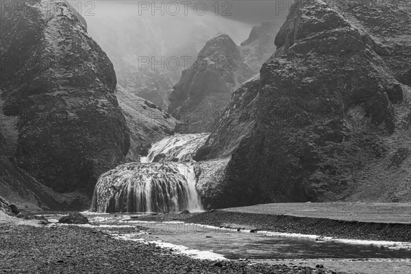 Stjornarfoss waterfall, near Kirkjubaejarklaustur, black and white photo, Sudurland, Iceland, Europe