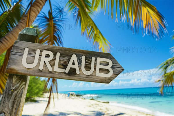 Road sign with text German text 'Urlaub' (Vacation) in front of tropical palm trees at beach. KI generiert, generiert, AI generated
