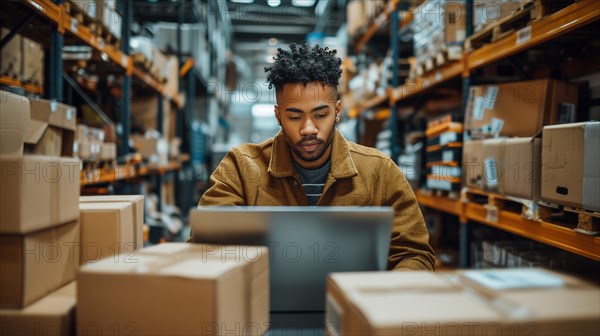 Young black man with afro hairstyle focused on working with a laptop in a warehouse surrounded by cardboard boxes, AI generated