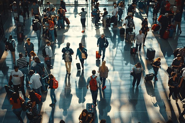 Busy airport terminal with diverse travelers and an air of hustle and movement, AI generated