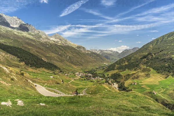Alpine landscape at the Furka Pass, view into the Urseren Valley, Realp, Canton Uri, Switzerland, Europe