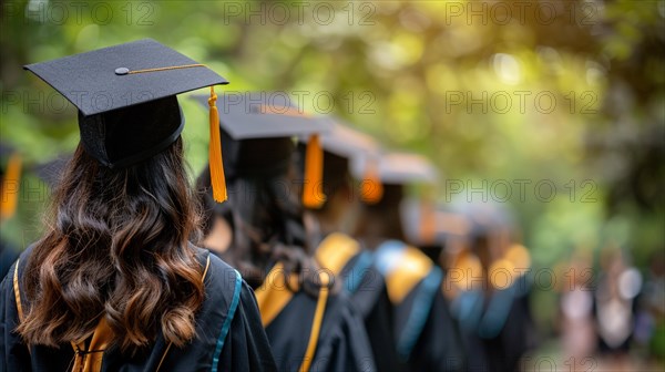 Graduates in a procession wearing caps and gowns, captured from behind, blurry out of focus background with bokeh effect, AI generated