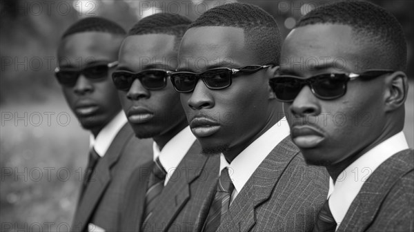 Black and white image of a group of black young men in suits and sunglasses looking serious, AI generated