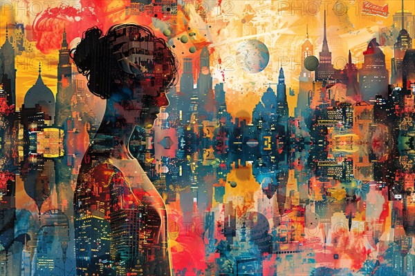 Colorful abstract profile overlaid with a vibrant cityscape and paint splatters, illustration, AI generated