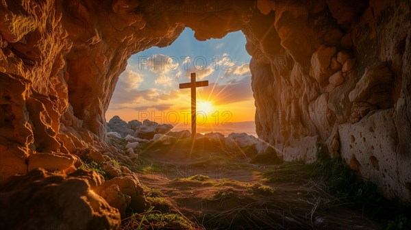 Easter concept cross on Golgotha Calvary hill against a dramatic sunset seen from open tomb of Jesus, AI generated