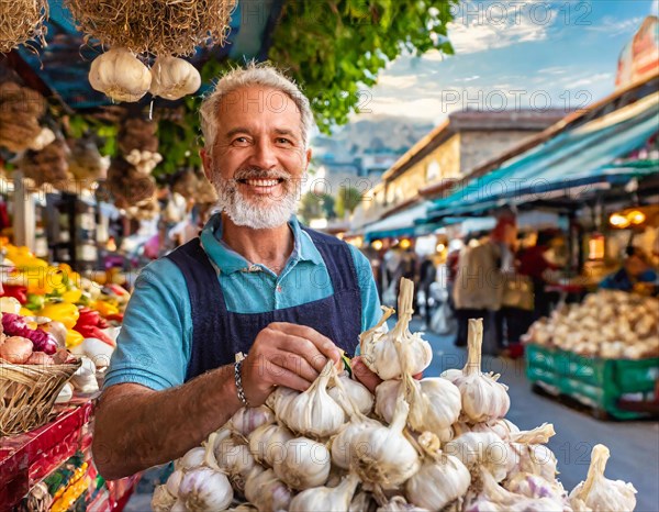 Food, spices, garlic, Allium sativum, many bulbs on a market stall in Italy, old man as seller, AI generated, AI generated