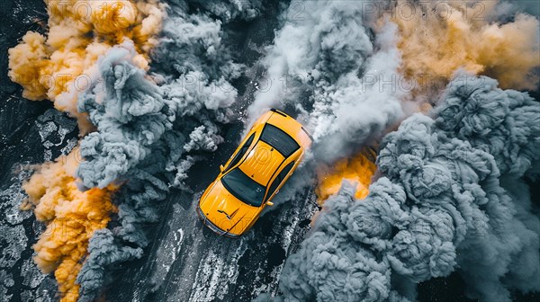 Aerial view of a yellow sports car enveloped in colored smoke on a tarmac road, AI generated