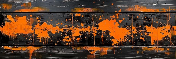 Energetic orange splatter on a black textured background creating an abstract visual, banner 3:1 wide style, horizontal aspect ratio, AI generated