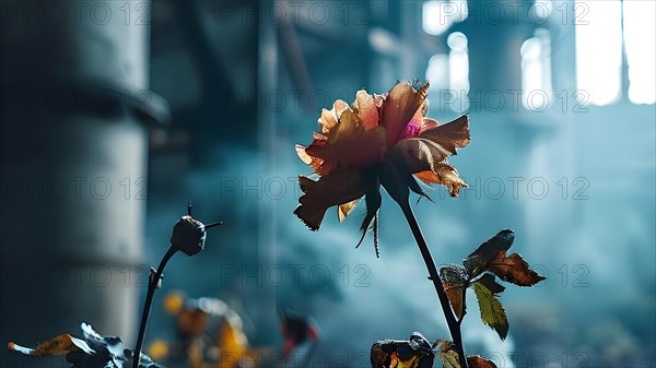 Wilted flowers against a backdrop of industrial smokestacks, AI generated