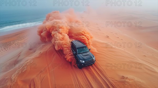 A 4x4 suv having fun through a sandy desert dune, leaving a large dust trail, near the sea coast, ai generated, AI generated