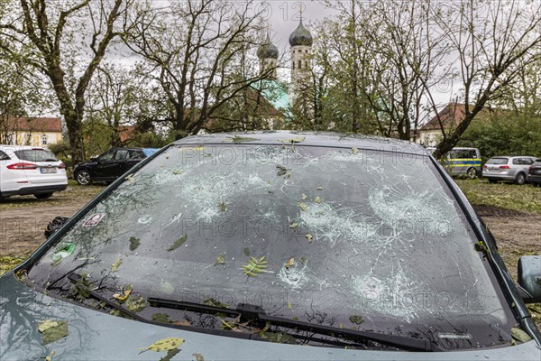 Windscreen of a car destroyed by hail, severe weather, climate change, Benediktbeuern Monastery, Bavaria, Germany, Europe