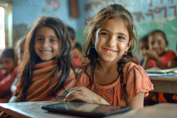 Pre-school girls sit in the classroom with a digital tablet and look smiling into the camera, symbolic image, digital teaching, learning environment, media competence, eLearning, media education, AI generated, AI generated, AI generated