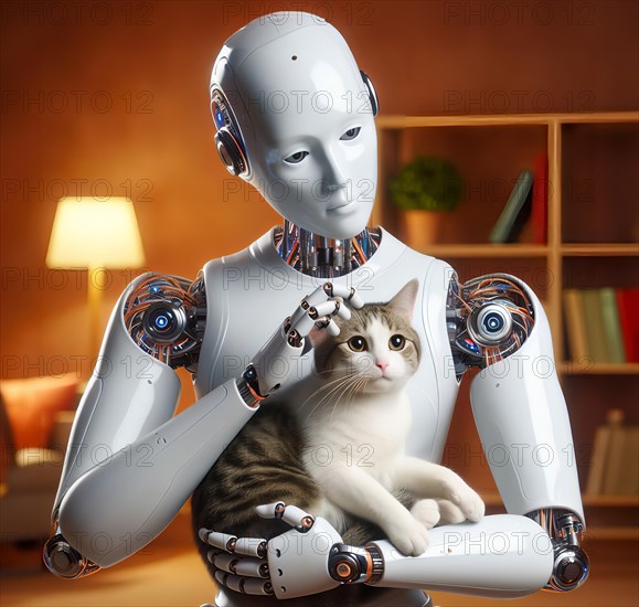 A humanoid robot holds a cat in its arms and strokes it, symbolic image cybernetics, emotion, animal love AI generated, AI generated