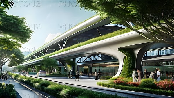 Conceptual digital rendering featuring a seamless transportation hub convergence of autonomous trains, AI generated